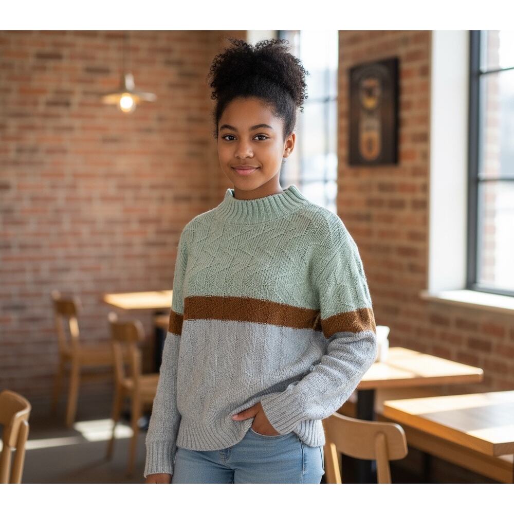 Copper Key Girls Mock Neck Sweater Size Large Gray Mint Green Brown Long Sleeve